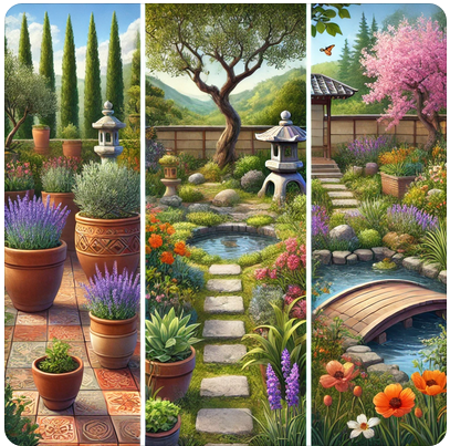 Gestaltungsideen für verschiedene Gartentypen: Mediterraner Garten, Japanischer Garten und Wildgarten