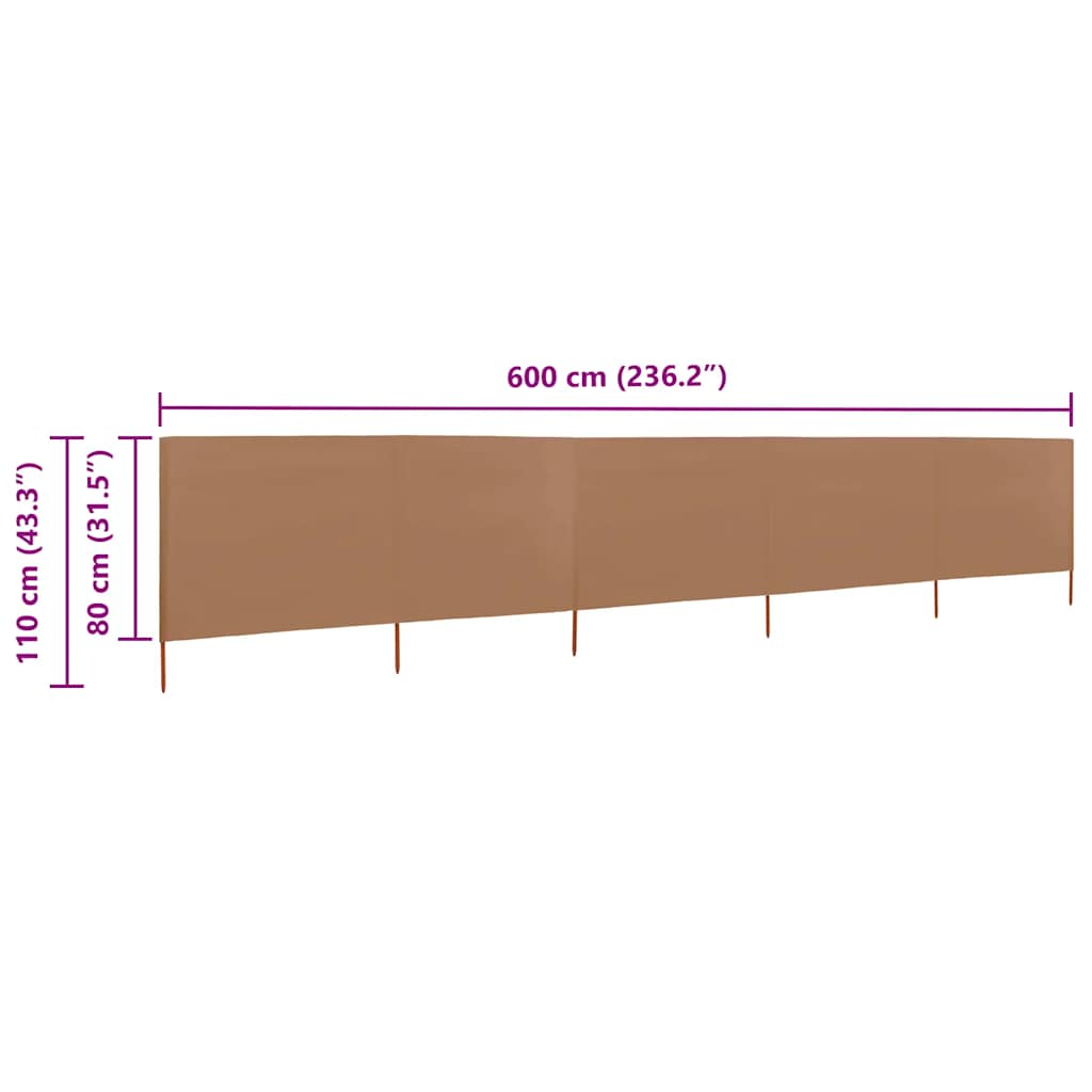 vidaXL 5-teiliges Windschutzgewebe 600 x 80 cm Taupe
