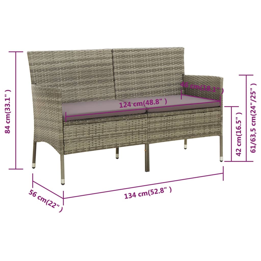 vidaXL Gartensofa 3-Sitzer mit Kissen Grau Poly Rattan