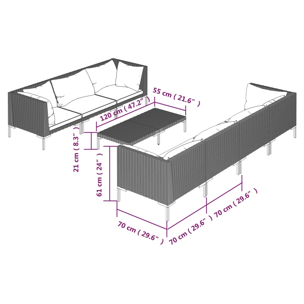 vidaXL 8-tlg. Garten-Lounge-Set mit Kissen Poly Rattan Dunkelgrau