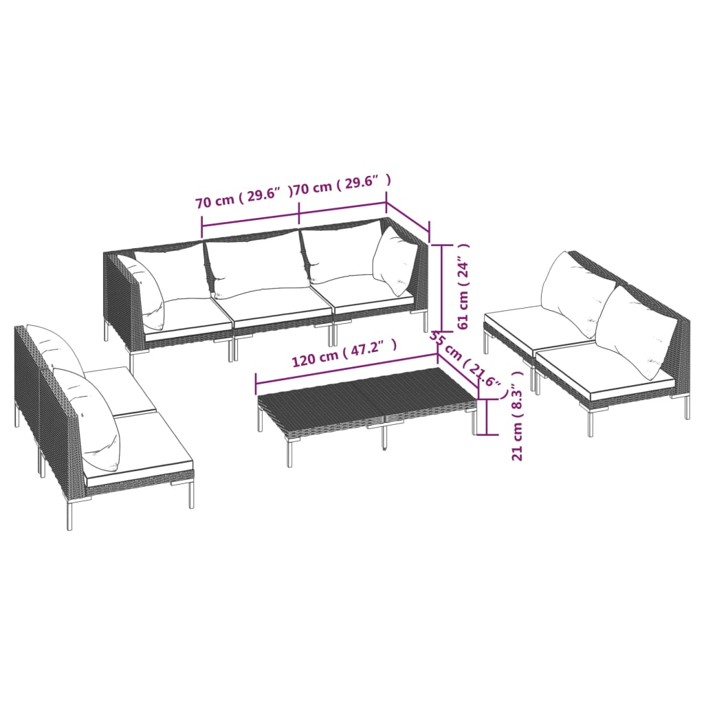 vidaXL 8-tlg. Garten-Lounge-Set mit Kissen Poly Rattan Dunkelgrau