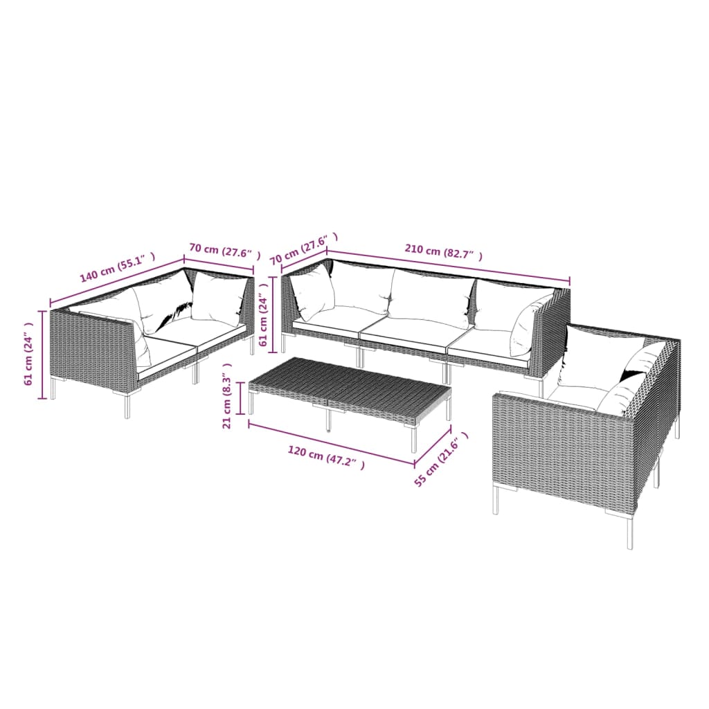vidaXL 8-tlg. Garten-Lounge-Set mit Kissen Poly Rattan Dunkelgrau