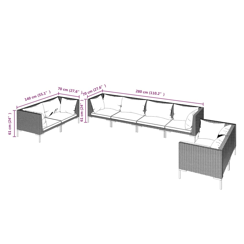 vidaXL 8-tlg. Garten-Lounge-Set mit Kissen Poly Rattan Dunkelgrau