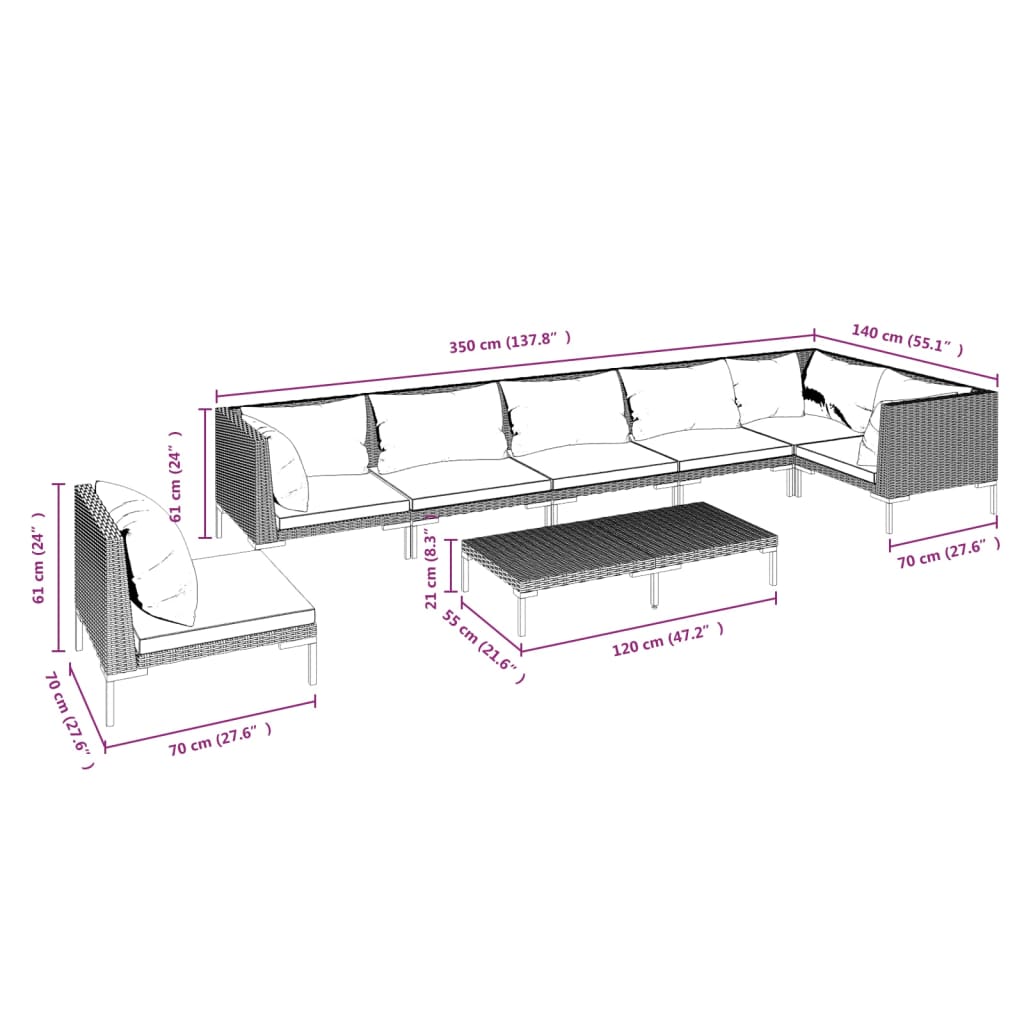 vidaXL 8-tlg. Garten-Lounge-Set mit Kissen Poly Rattan Dunkelgrau