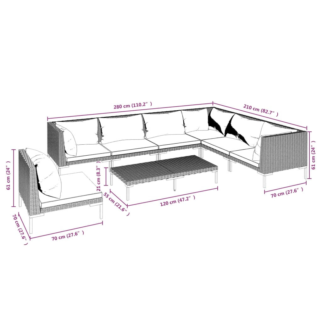 vidaXL 8-tlg. Garten-Lounge-Set mit Kissen Poly Rattan Dunkelgrau