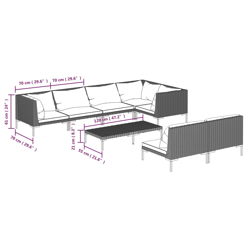 vidaXL 8-tlg. Garten-Lounge-Set mit Kissen Poly Rattan Dunkelgrau