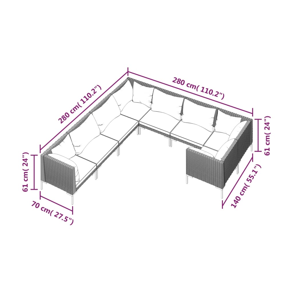 vidaXL 8-tlg. Garten-Lounge-Set mit Kissen Poly Rattan Dunkelgrau