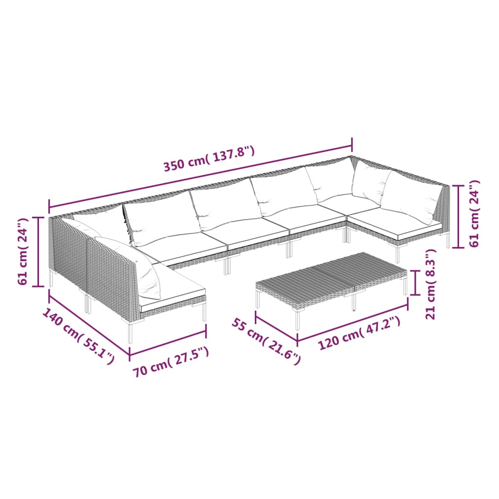 vidaXL 8-tlg. Garten-Lounge-Set mit Kissen Poly Rattan Dunkelgrau