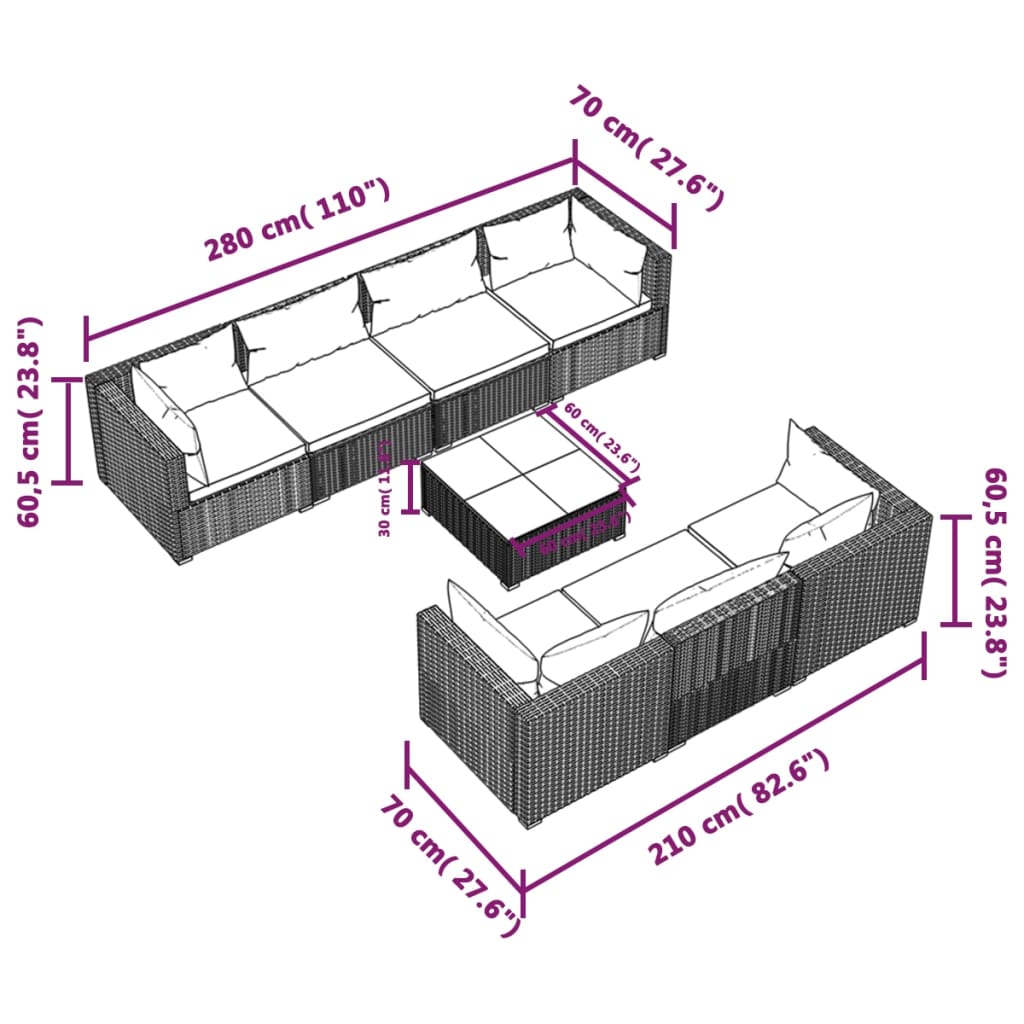 vidaXL 8-tlg. Garten-Lounge-Set mit Kissen Poly Rattan Grau