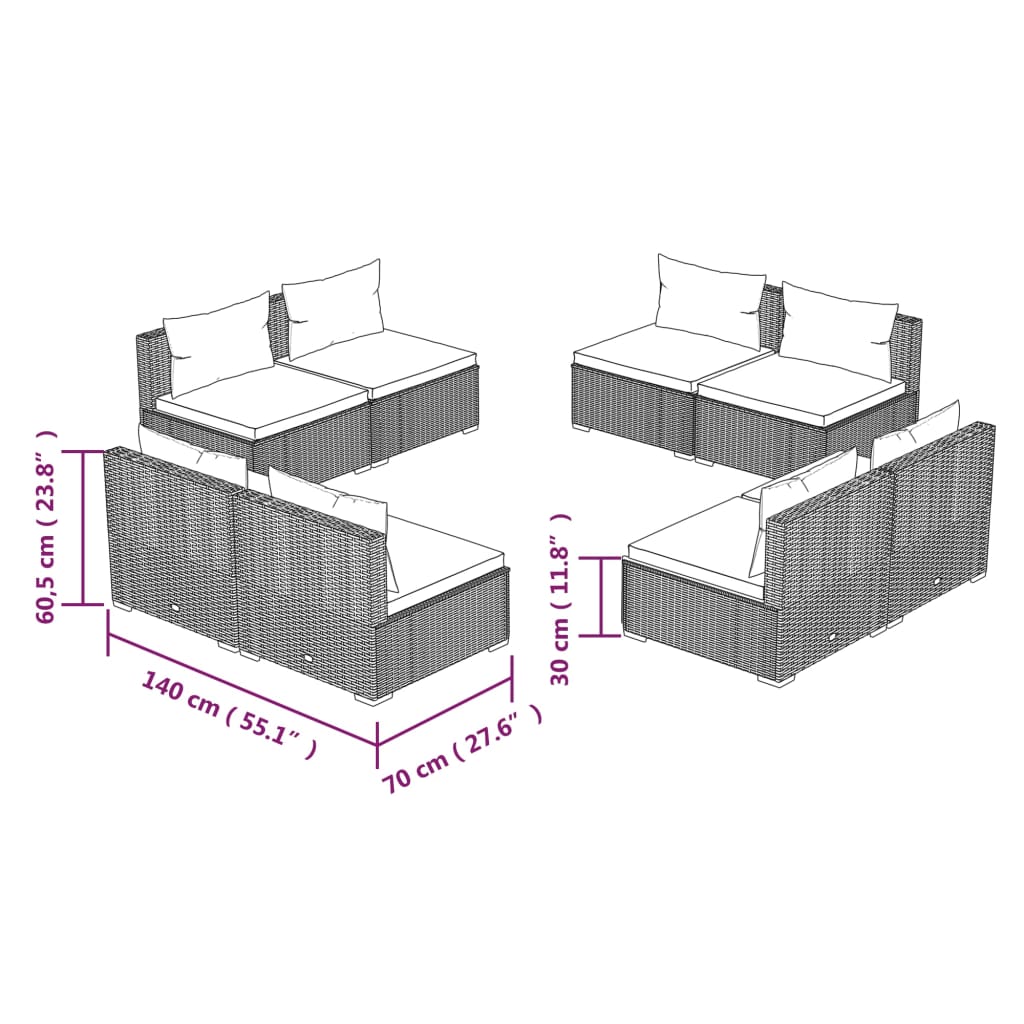 vidaXL 8-tlg. Garten-Lounge-Set mit Kissen Poly Rattan Grau