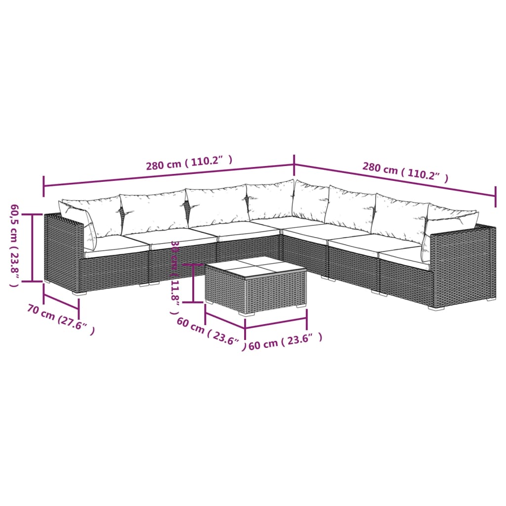 vidaXL 8-tlg. Garten-Lounge-Set mit Kissen Poly Rattan Schwarz