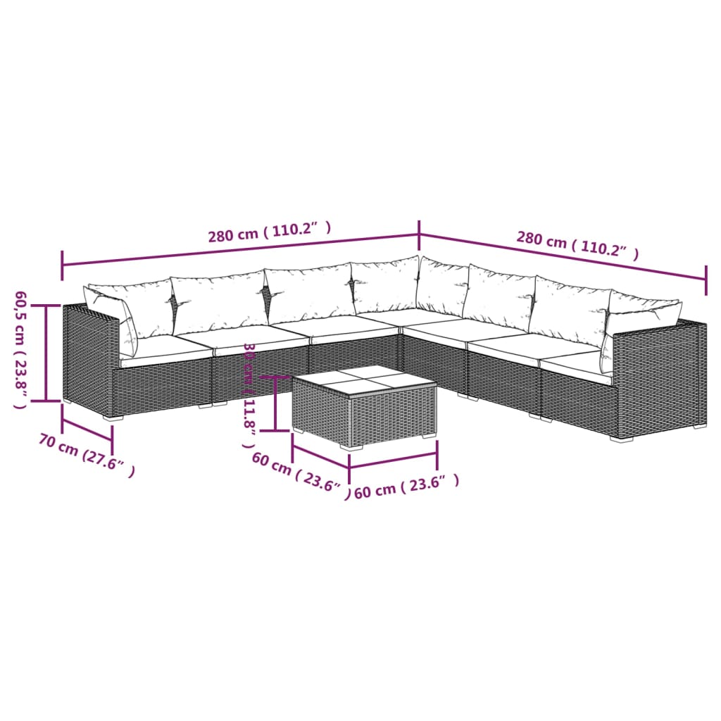 vidaXL 8-tlg. Garten-Lounge-Set mit Kissen Poly Rattan Schwarz