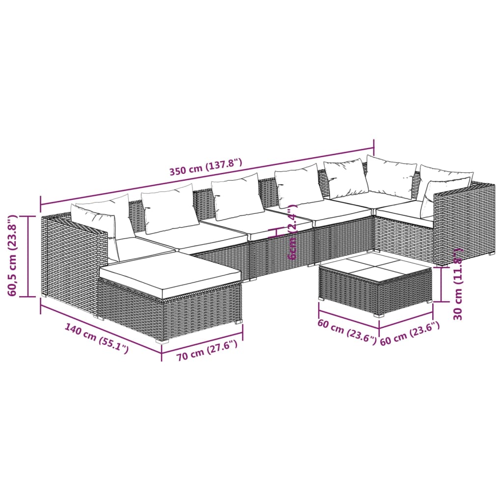vidaXL 8-tlg. Garten-Lounge-Set mit Kissen Poly Rattan Schwarz