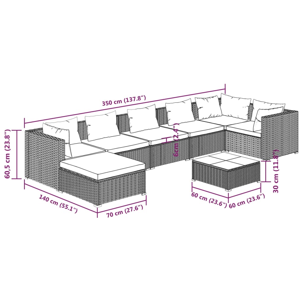 vidaXL 8-tlg. Garten-Lounge-Set mit Kissen Poly Rattan Grau