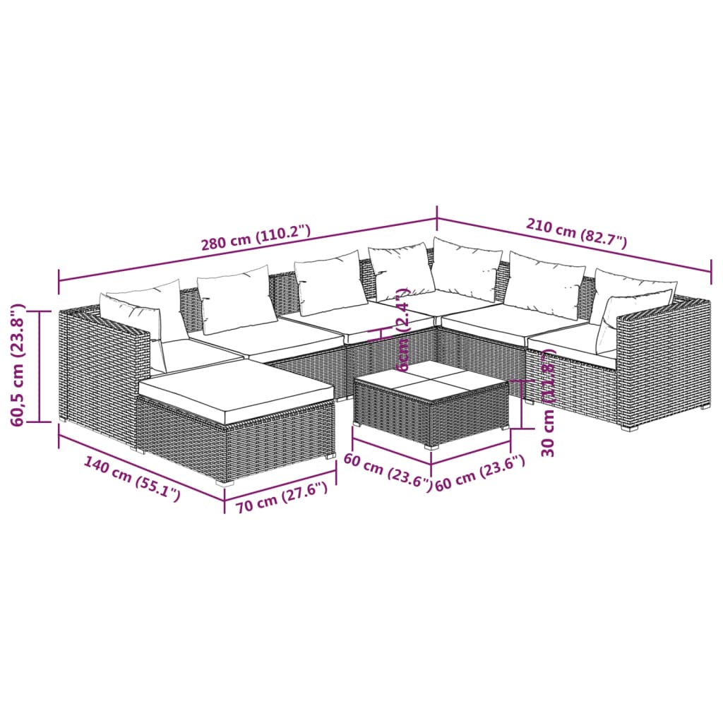 vidaXL 8-tlg. Garten-Lounge-Set mit Kissen Poly Rattan Schwarz