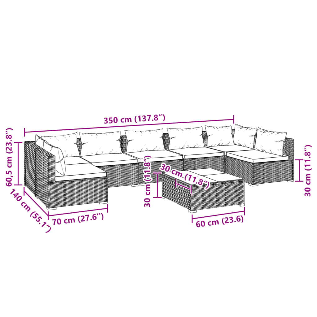 vidaXL 8-tlg. Garten-Lounge-Set mit Kissen Poly Rattan Schwarz