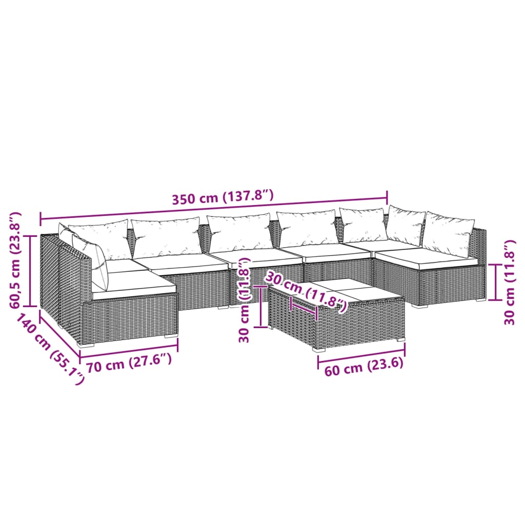 vidaXL 8-tlg. Garten-Lounge-Set mit Kissen Poly Rattan Schwarz