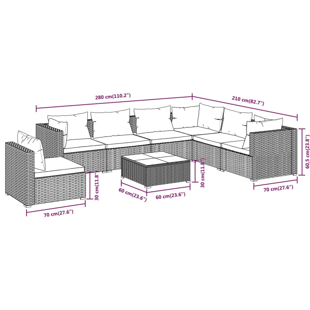 vidaXL 8-tlg. Garten-Lounge-Set mit Kissen Poly Rattan Schwarz