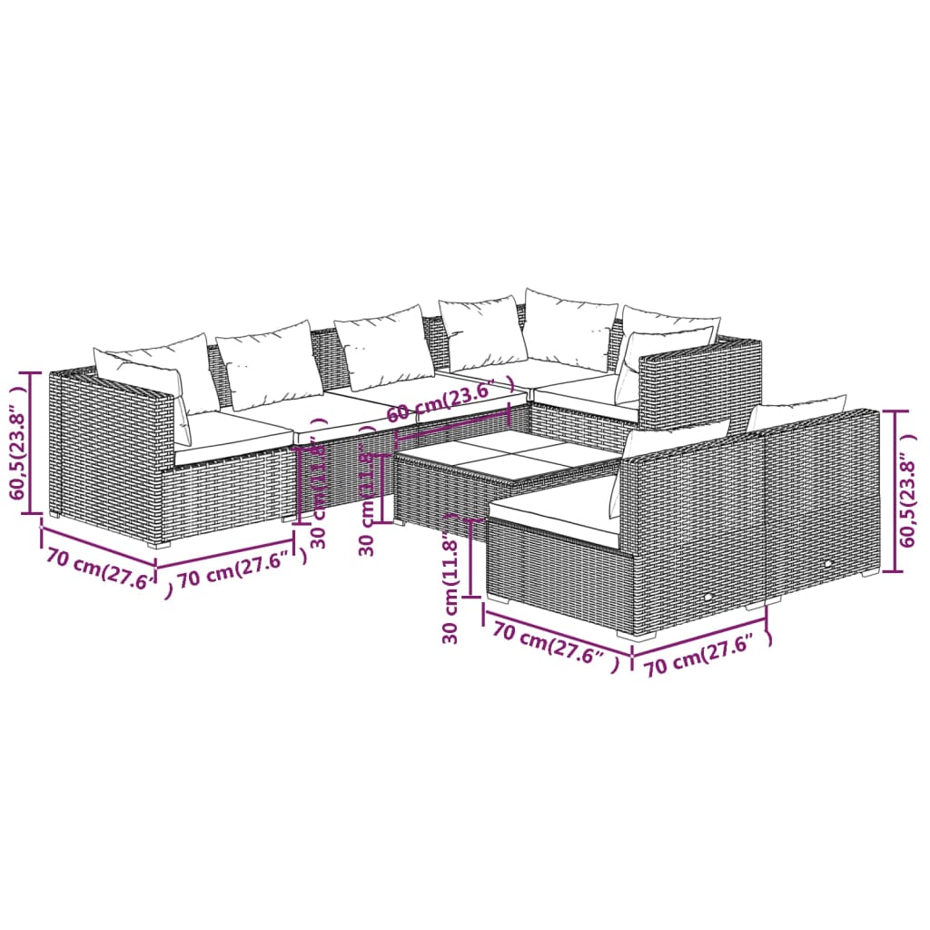 vidaXL 8-tlg. Garten-Lounge-Set mit Kissen Grau Poly Rattan