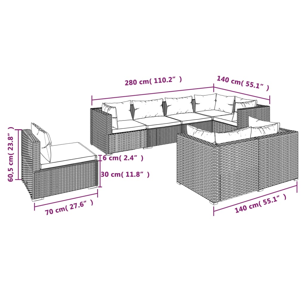 vidaXL 8-tlg. Garten-Lounge-Set mit Kissen Poly Rattan Schwarz
