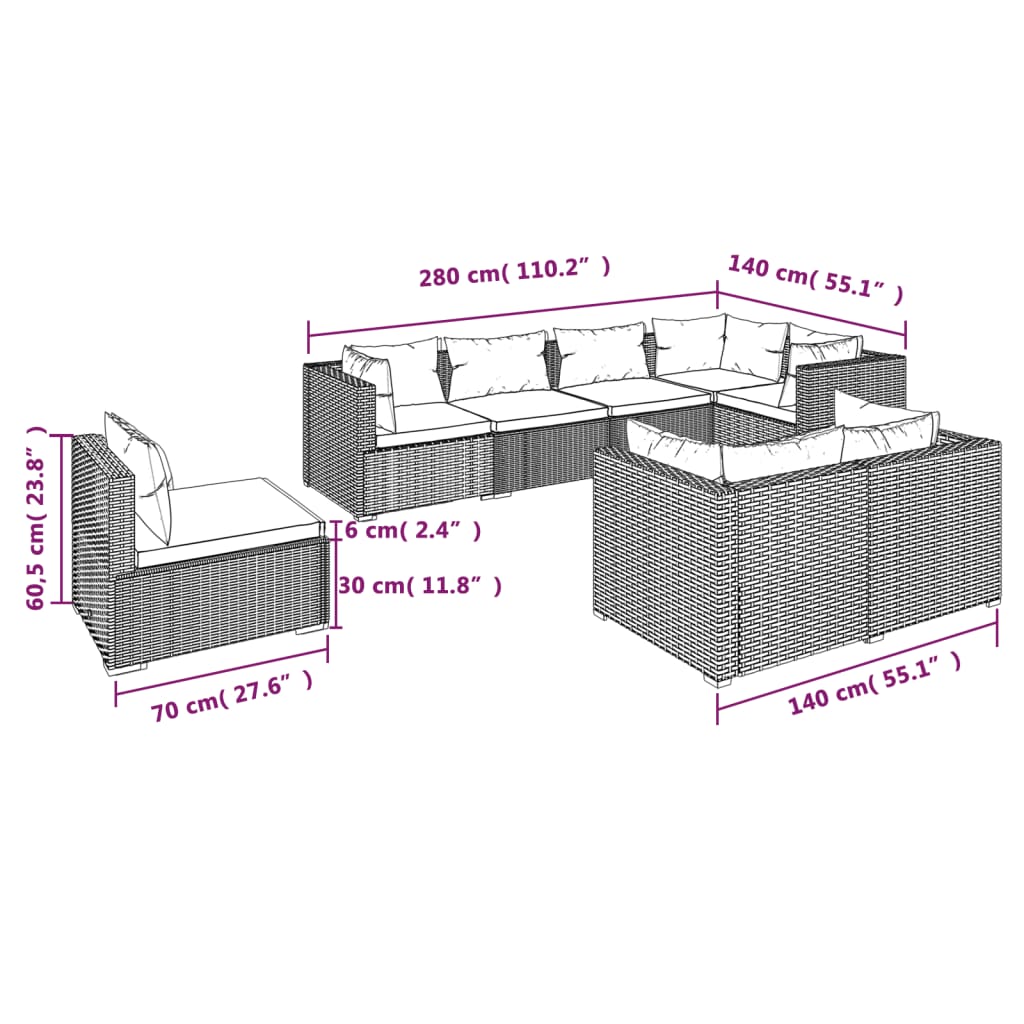 vidaXL 8-tlg. Garten-Lounge-Set mit Kissen Poly Rattan Schwarz