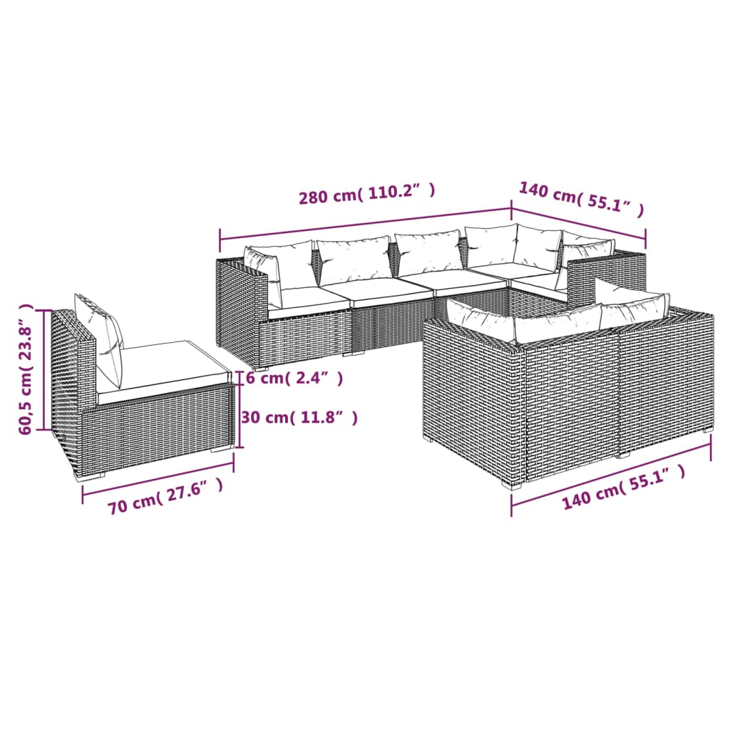 vidaXL 8-tlg. Garten-Lounge-Set mit Kissen Poly Rattan Grau