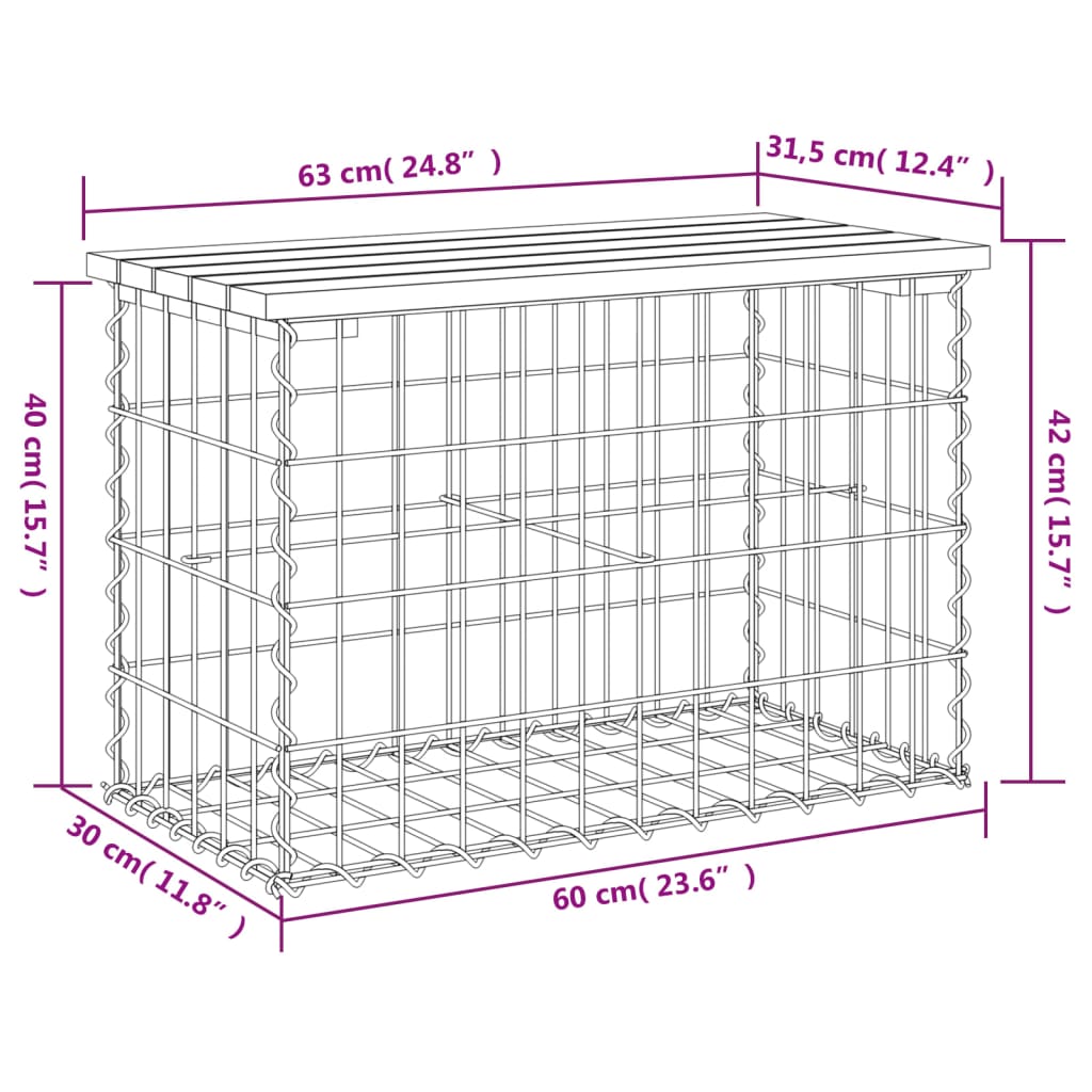 vidaXL Gartenbank aus Gabionen 63x31,5x42 cm Kiefernholz Imprägniert
