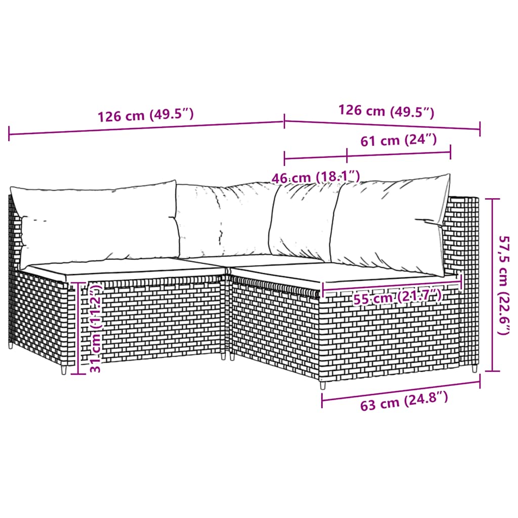 vidaXL 3-tlg. Garten-Lounge-Set mit Kissen Schwarz Poly Rattan