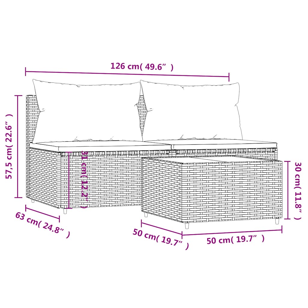 vidaXL 3-tlg. Garten-Lounge-Set mit Kissen Braun Poly Rattan