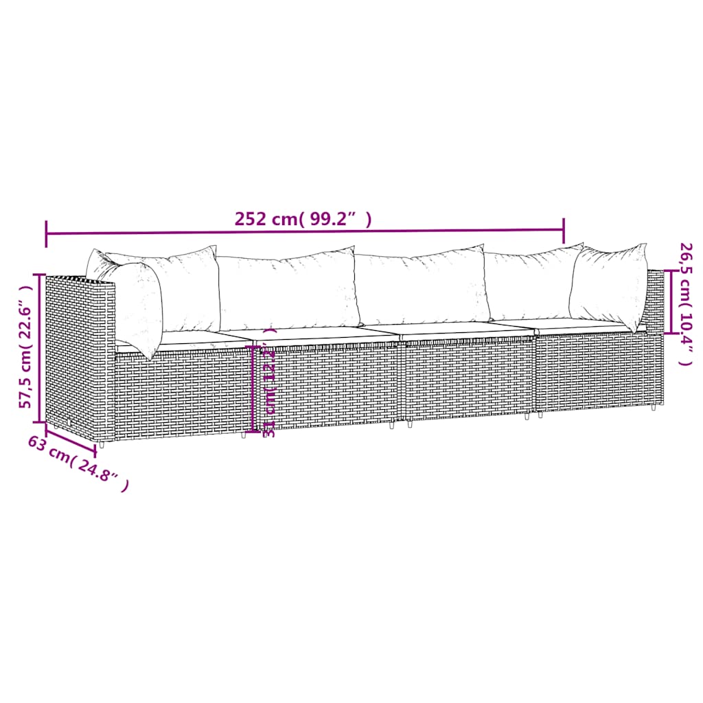 vidaXL 4-tlg. Garten-Lounge-Set mit Kissen Schwarz Poly Rattan