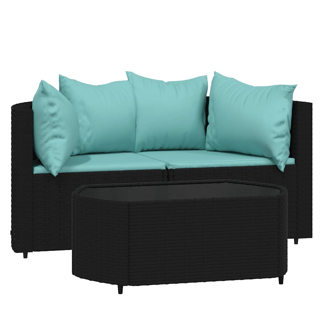 vidaXL 3-tlg. Garten-Lounge-Set mit Kissen Schwarz Poly Rattan