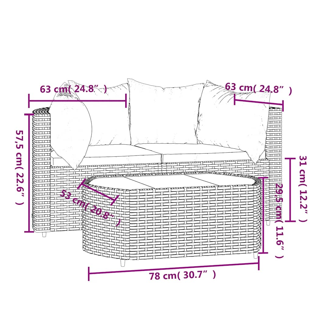 vidaXL 3-tlg. Garten-Lounge-Set mit Kissen Schwarz Poly Rattan