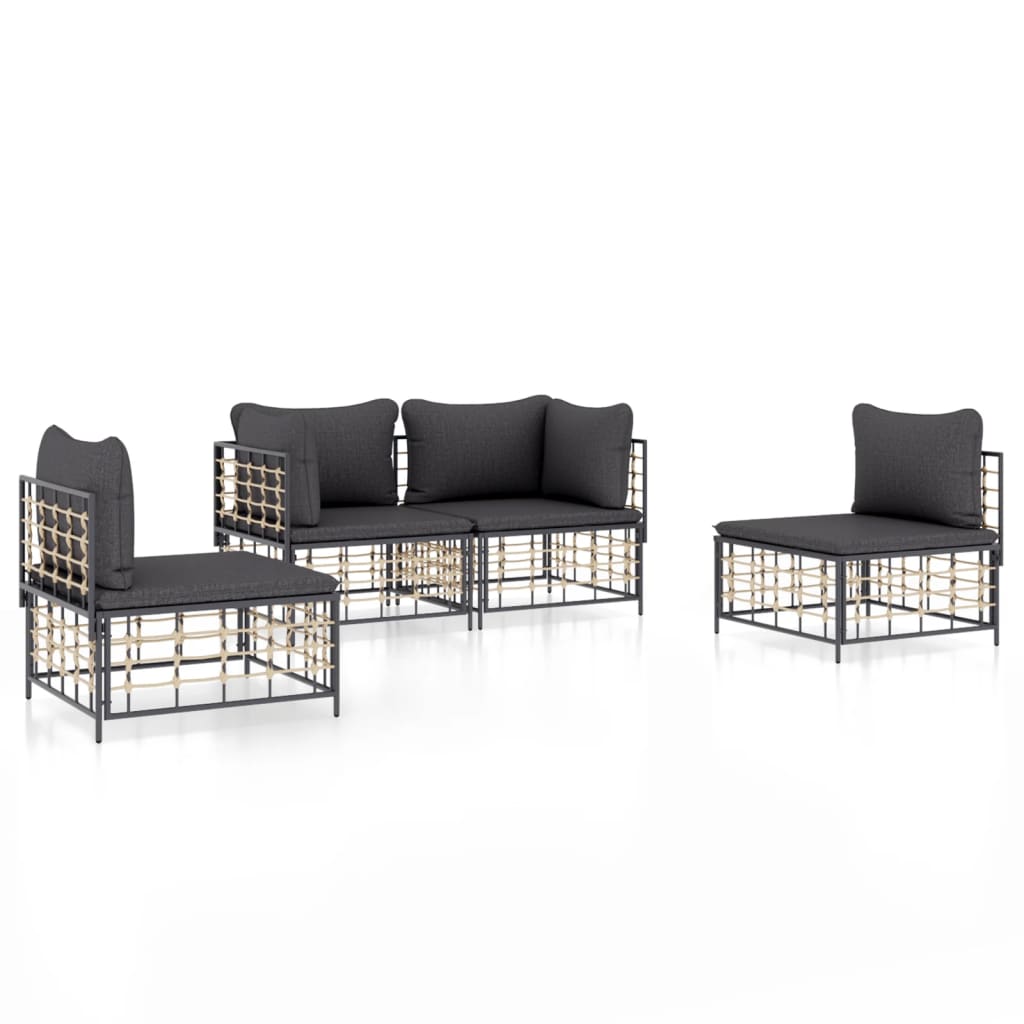 vidaXL 4-tlg. Garten-Lounge-Set mit Kissen Anthrazit Poly Rattan