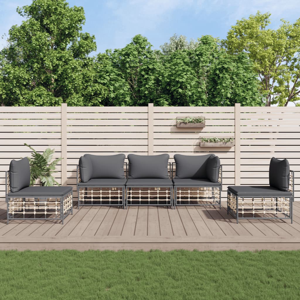 vidaXL 5-tlg. Garten-Lounge-Set mit Kissen Anthrazit Poly Rattan