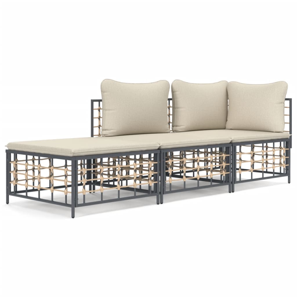 vidaXL 3-tlg. Garten-Lounge-Set mit Kissen Anthrazit Poly Rattan