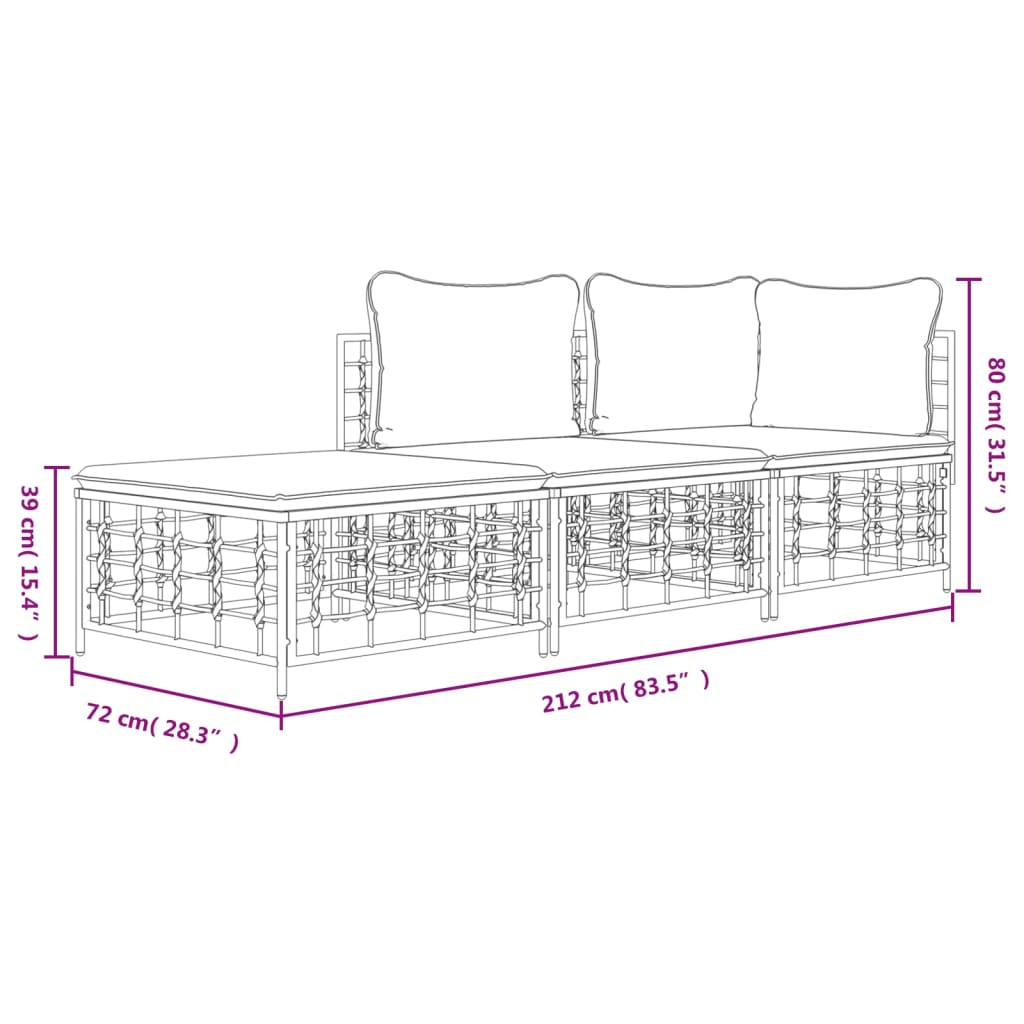 vidaXL 3-tlg. Garten-Lounge-Set mit Kissen Anthrazit Poly Rattan