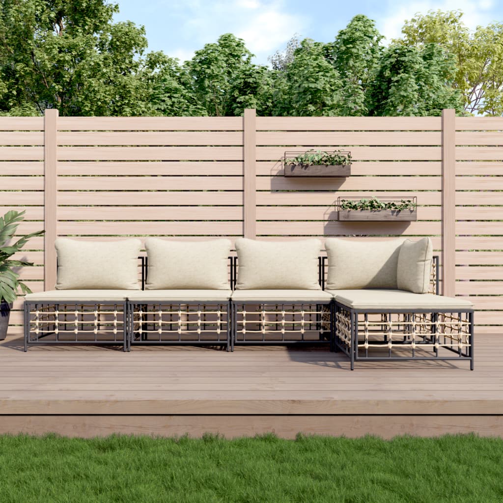 vidaXL 5-tlg. Garten-Lounge-Set mit Kissen Anthrazit Poly Rattan
