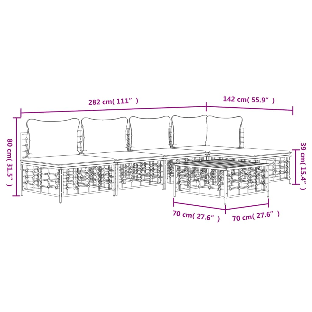 vidaXL 6-tlg. Garten-Lounge-Set mit Kissen Anthrazit Poly Rattan