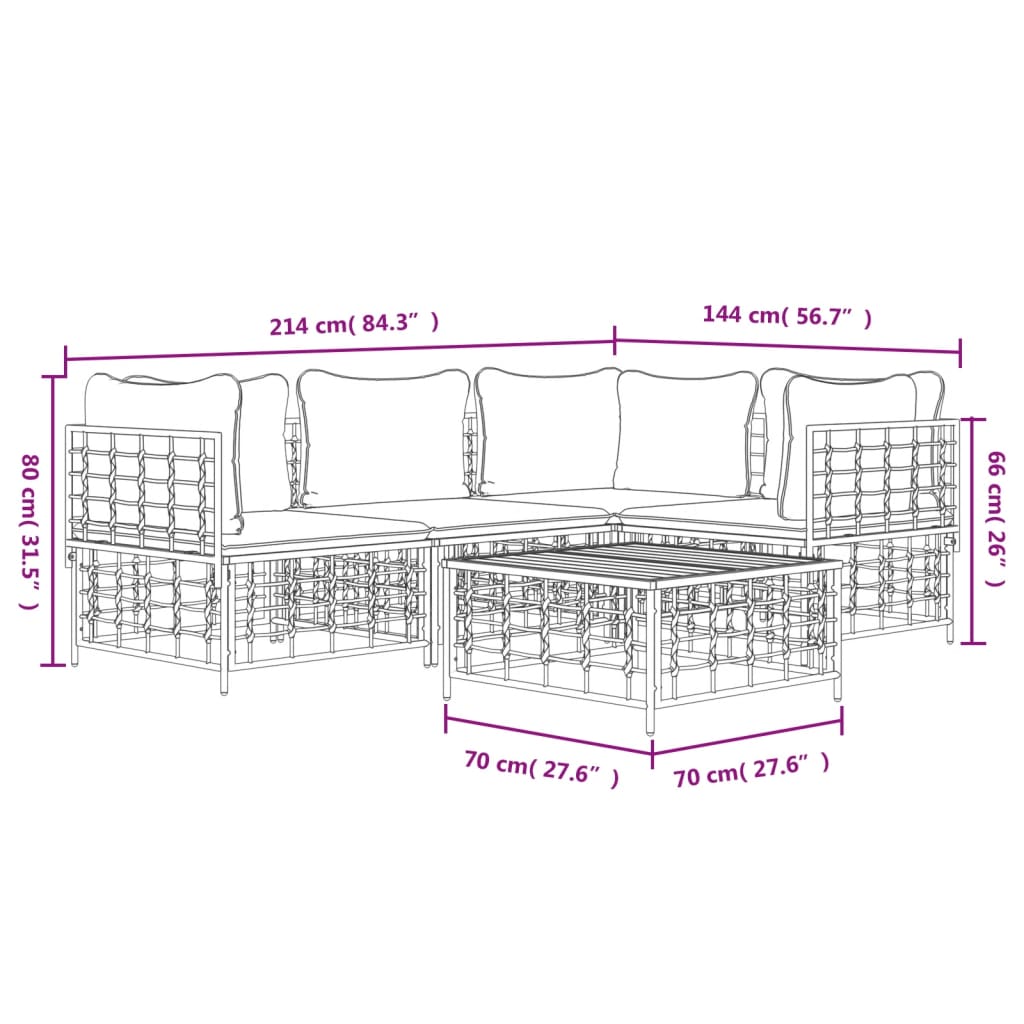 vidaXL 5-tlg. Garten-Lounge-Set mit Kissen Anthrazit Poly Rattan