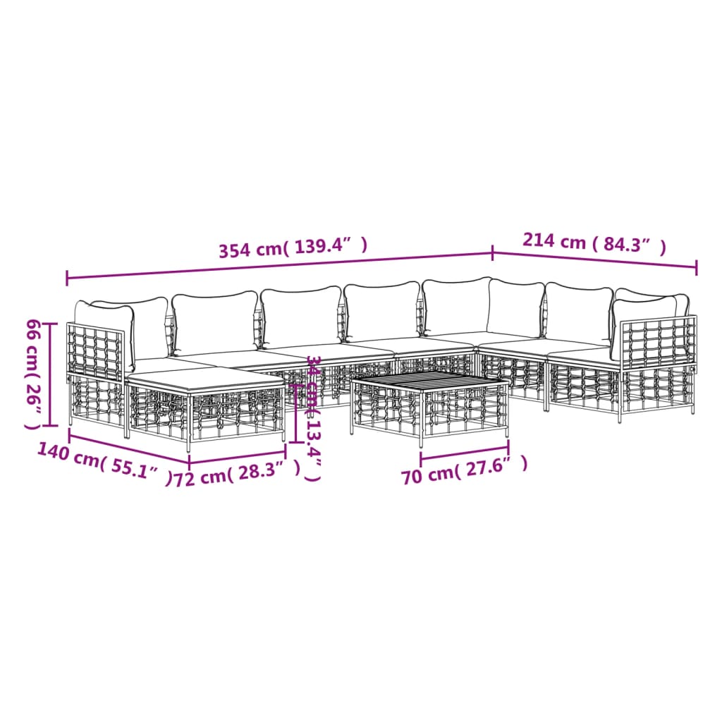 vidaXL 9-tlg. Garten-Lounge-Set mit Kissen Anthrazit Poly Rattan