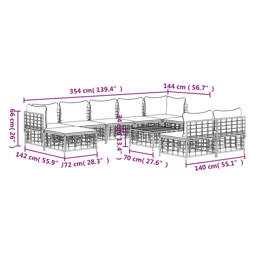 vidaXL 10-tlg. Garten-Lounge-Set mit Kissen Anthrazit Poly Rattan