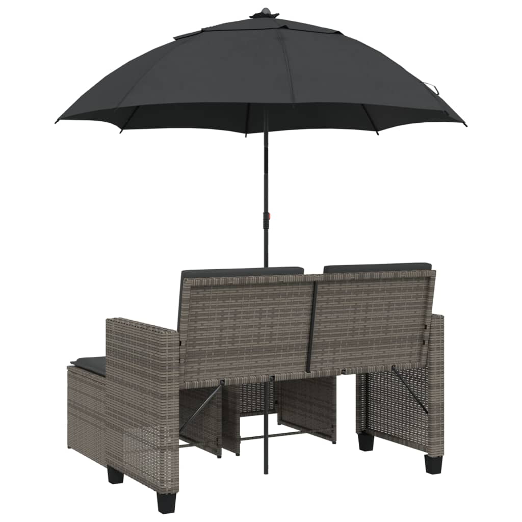 vidaXL Gartensofa 2-Sitzer Sonnenschirm und Hocker Grau Poly Rattan
