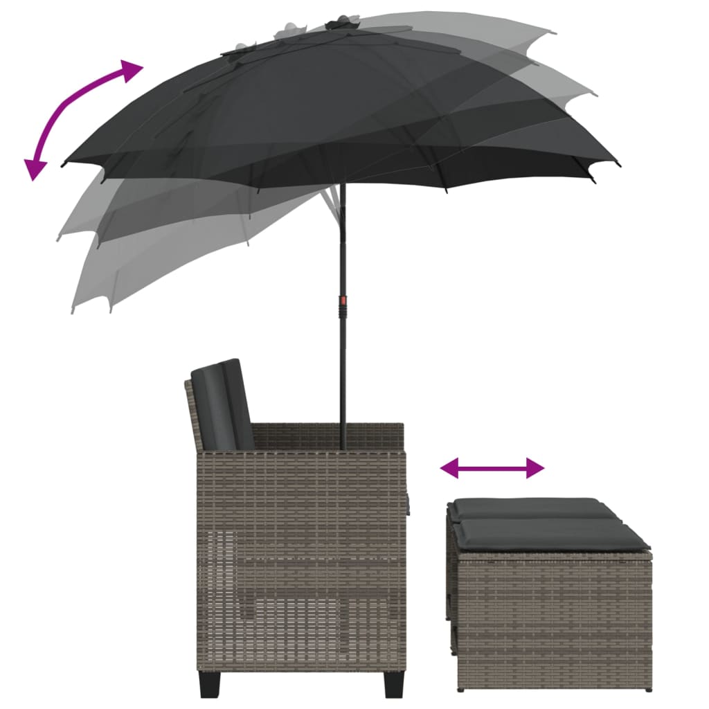 vidaXL Gartensofa 2-Sitzer Sonnenschirm und Hocker Grau Poly Rattan