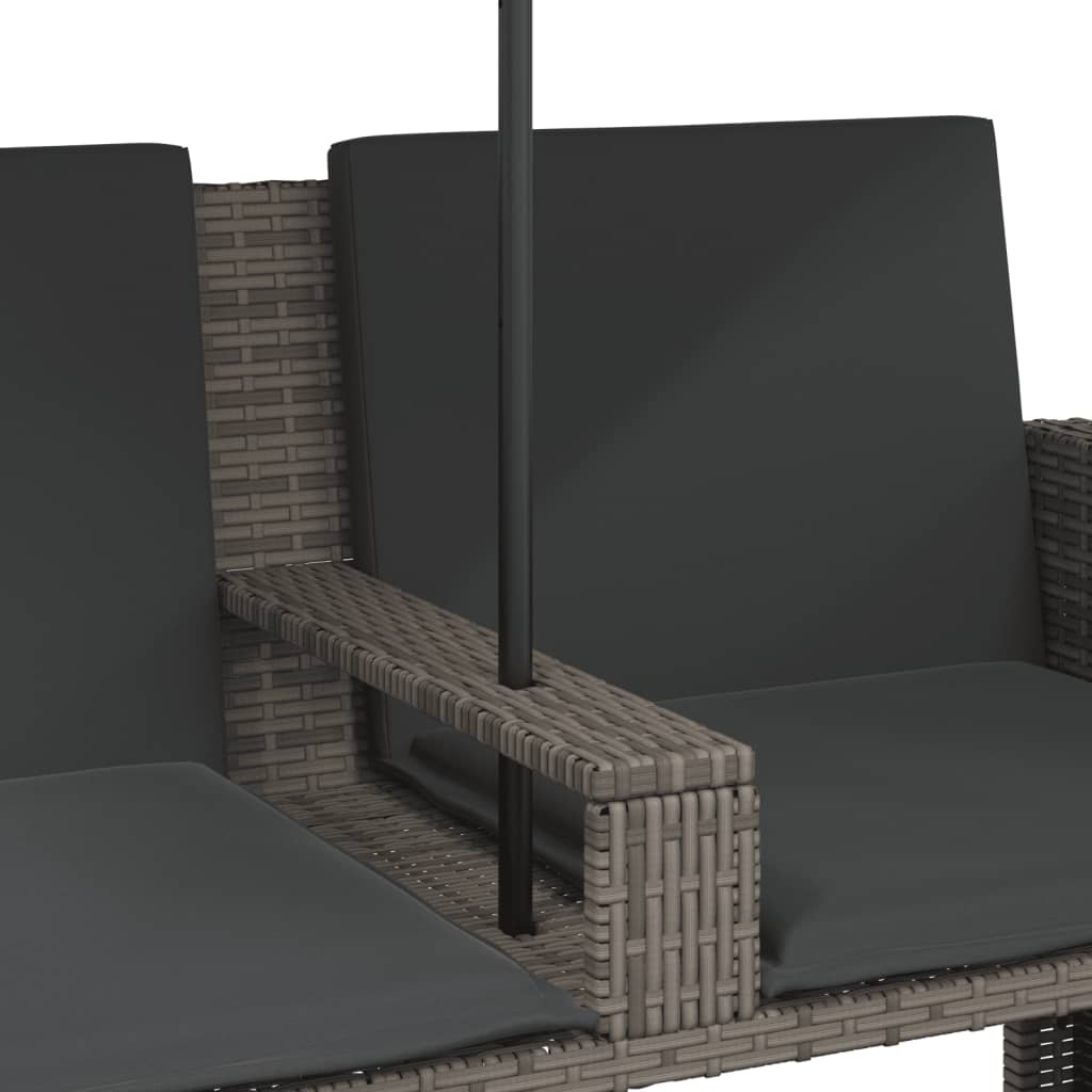 vidaXL Gartensofa 2-Sitzer Sonnenschirm und Hocker Grau Poly Rattan