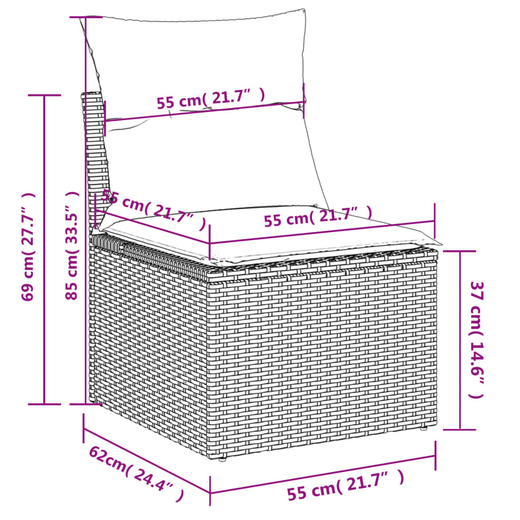 vidaXL Gartensofa ohne Armlehnen mit Kissen Braun Poly Rattan