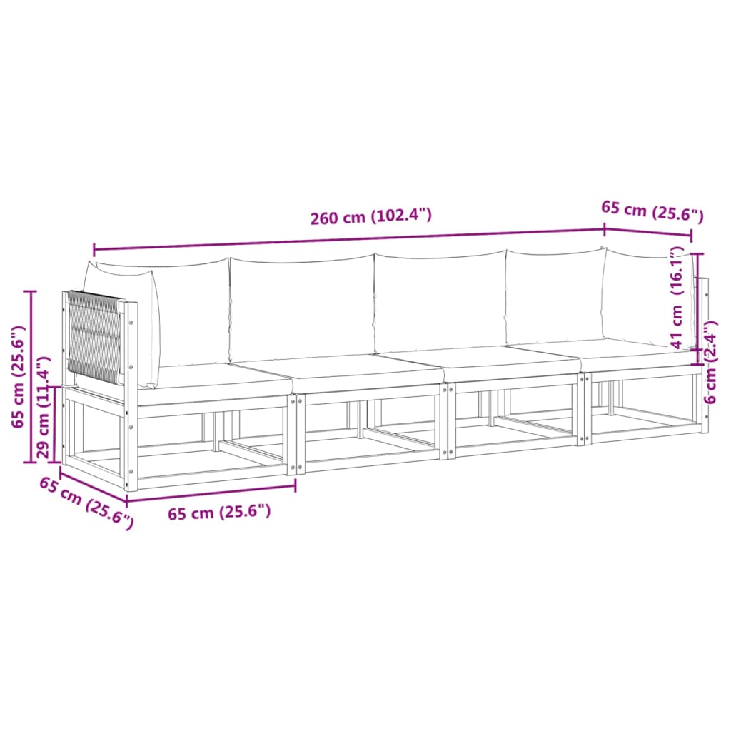 vidaXL 4-tlg. Gartensofa-Set mit Kissen Holz Akazie & Seil