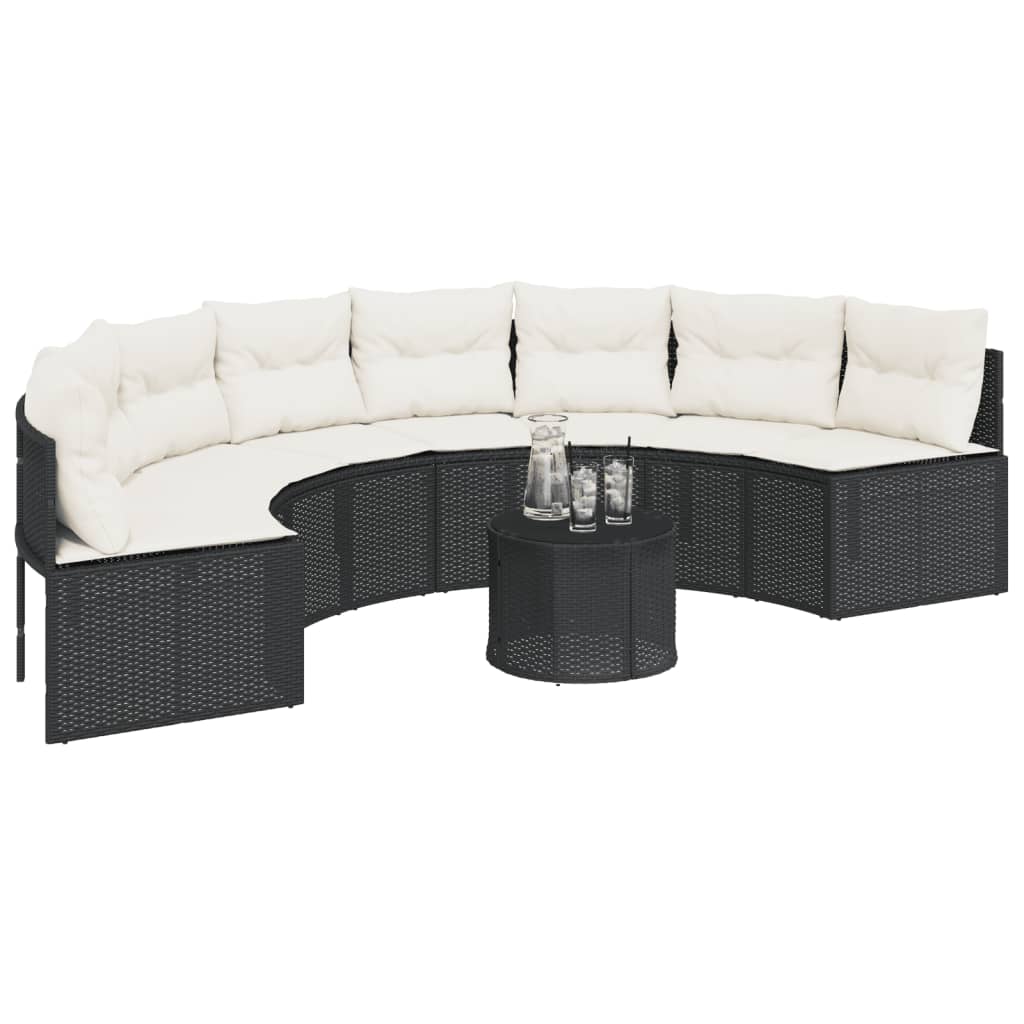 vidaXL Gartensofa mit Kissen Halbrund Schwarz Poly-Rattan