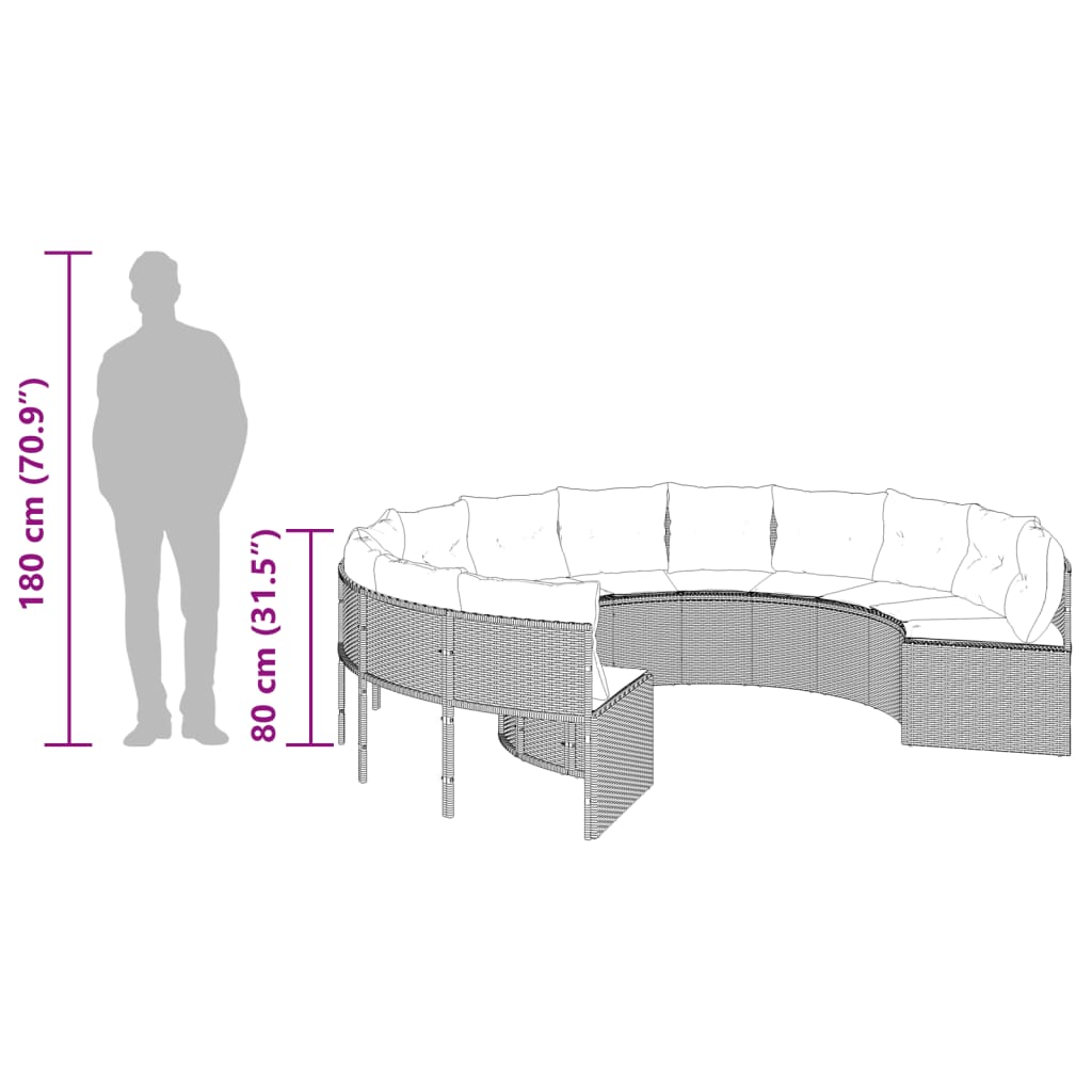 vidaXL Gartensofa mit Kissen Rund Schwarz Poly-Rattan