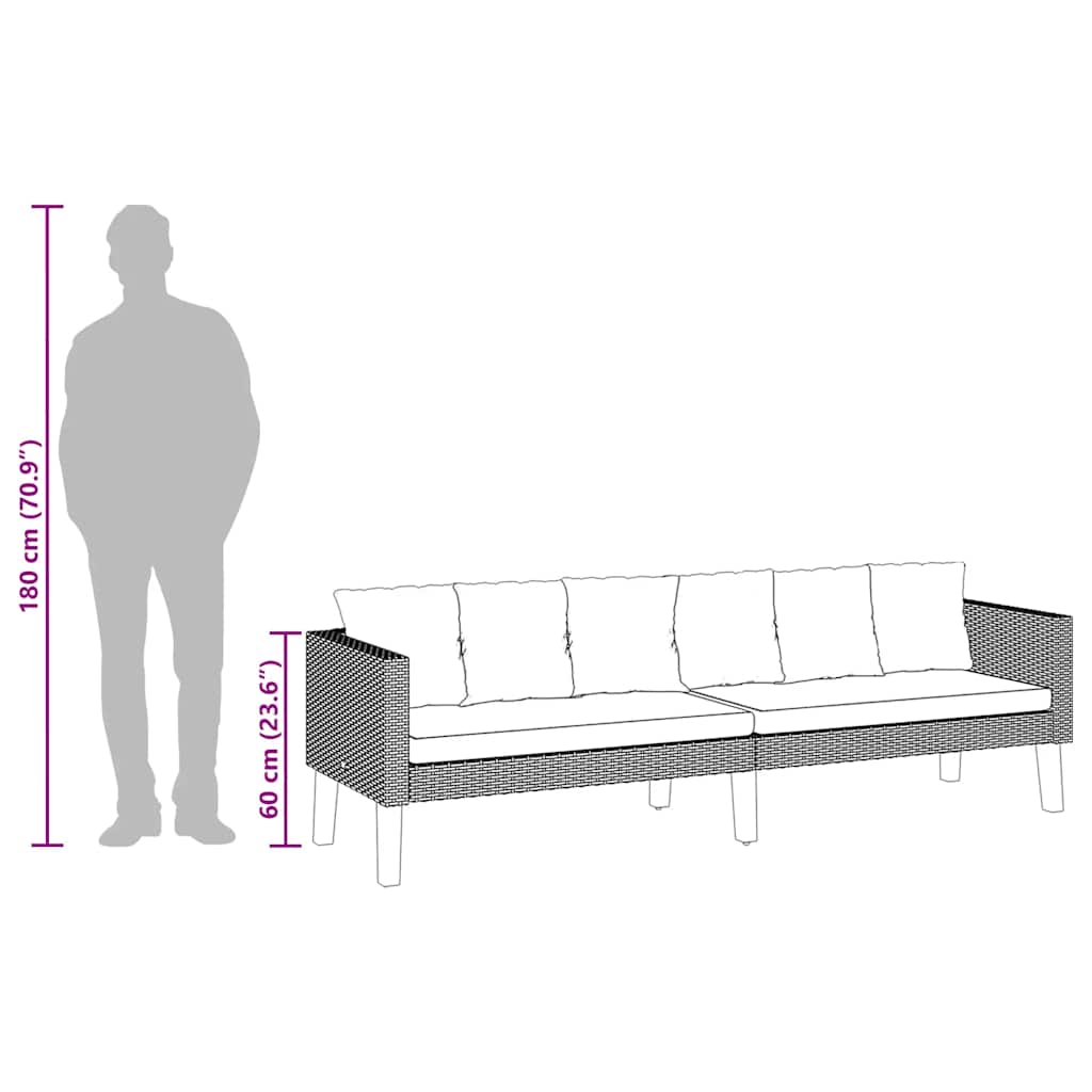 vidaXL 3-Sitzer-Gartensofa mit Auflagen Poly Rattan Schwarz