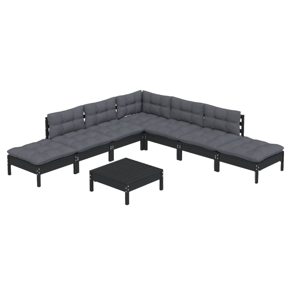 vidaXL 8-tlg. Garten-Lounge-Set mit Kissen Schwarz Kiefernholz